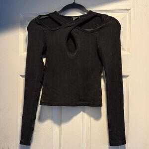 BDG Black Ribbed Long Sleeve Top with Front Keyhole